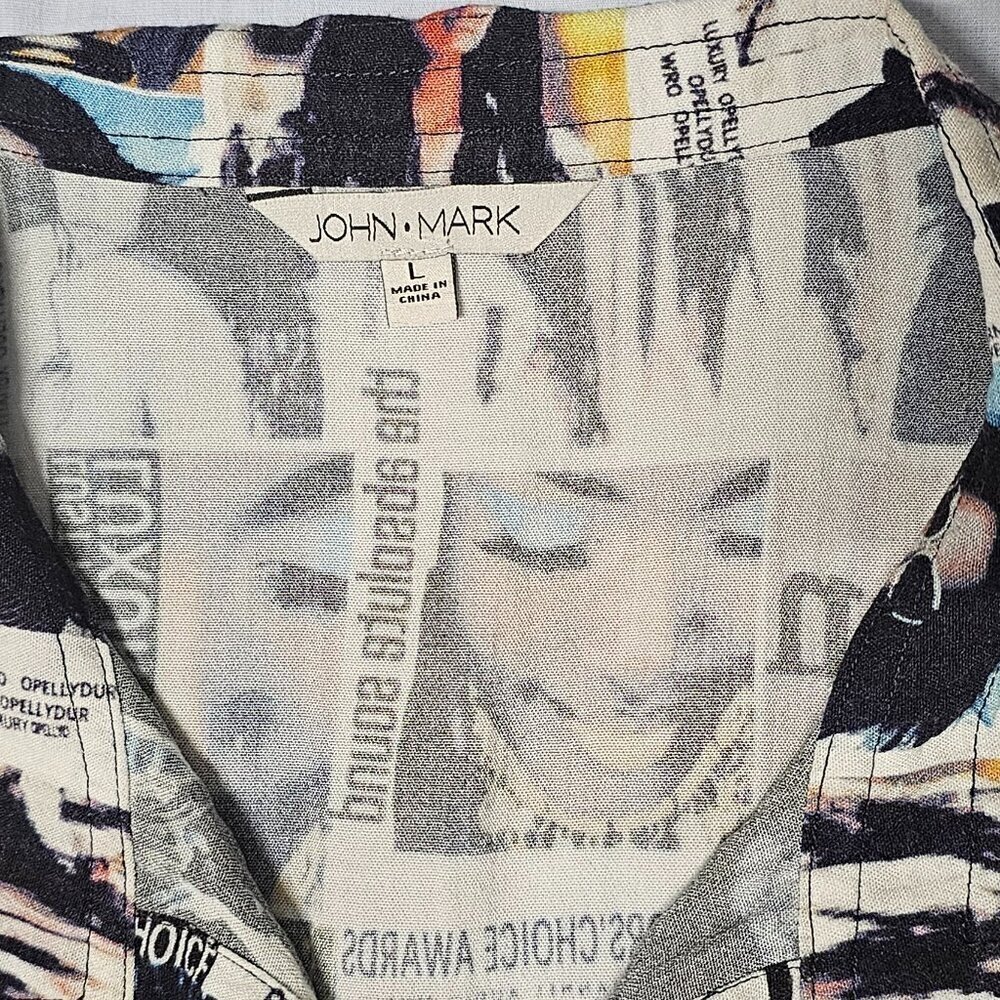 John Mark Women Graphic Button Up Collared Top Blouse Shirt Size L Deep Slits - Picture 4 of 13